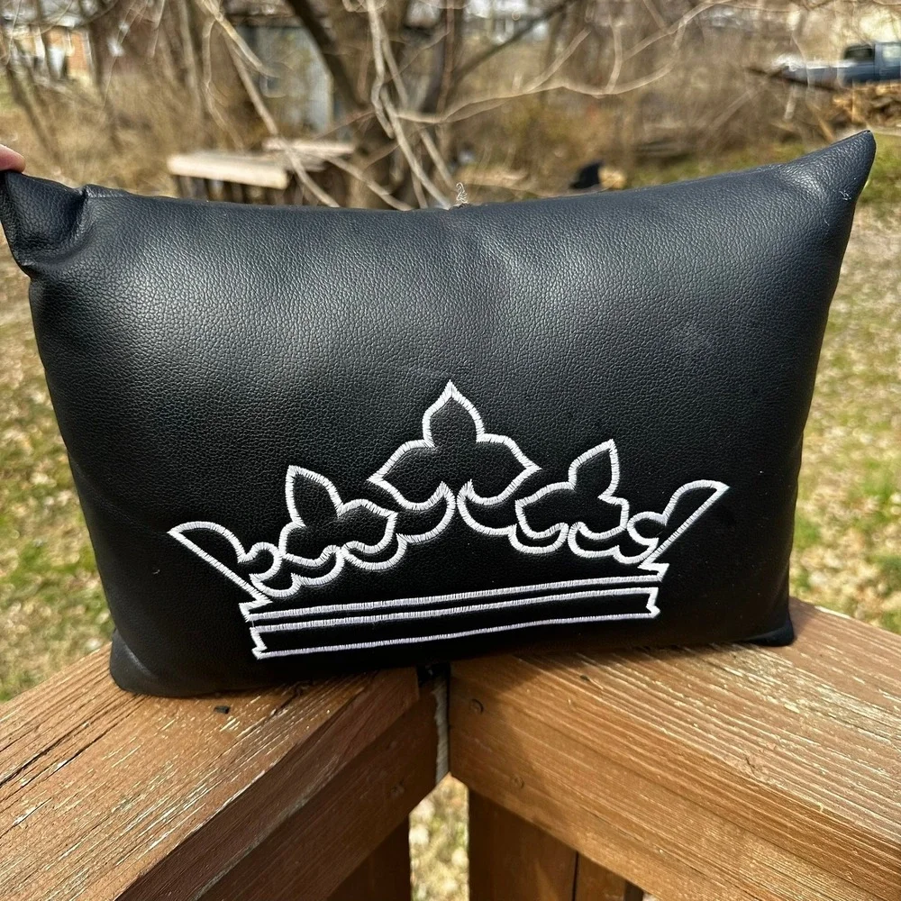 Crown Throw Pillow 14x9 Black Faux Leather‎ White Embroidered Regal